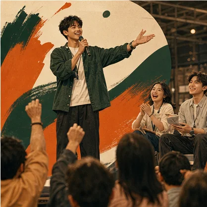 在校園舞台發表創意專案的大學生