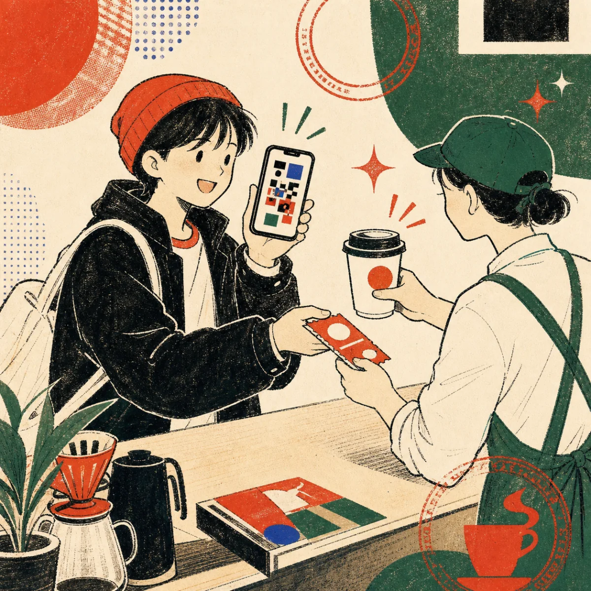 日系雜誌風格的大學生在咖啡店使用學生優惠插畫