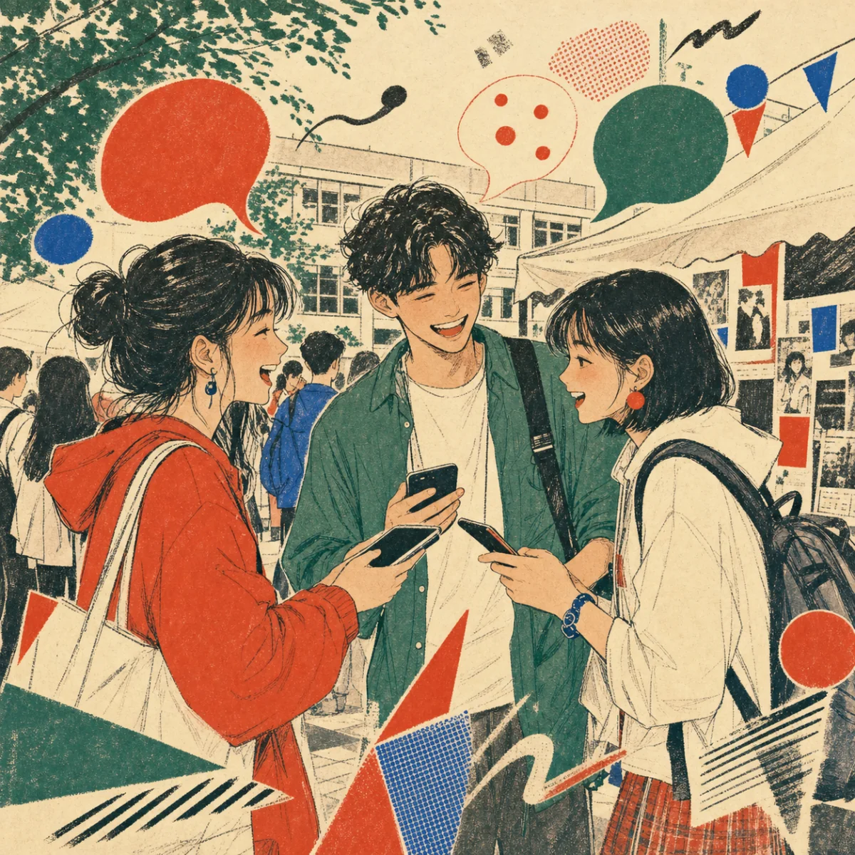 日系雜誌風格的大學生在校園社團活動交朋友插畫